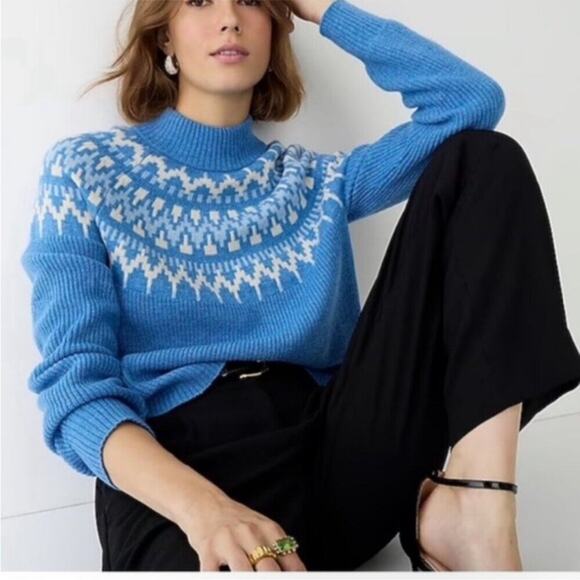 J. Crew Fair Isle Mock Neck Pullover Sweater Blue Cream White Wool Blend size S - Picture 1 of 10